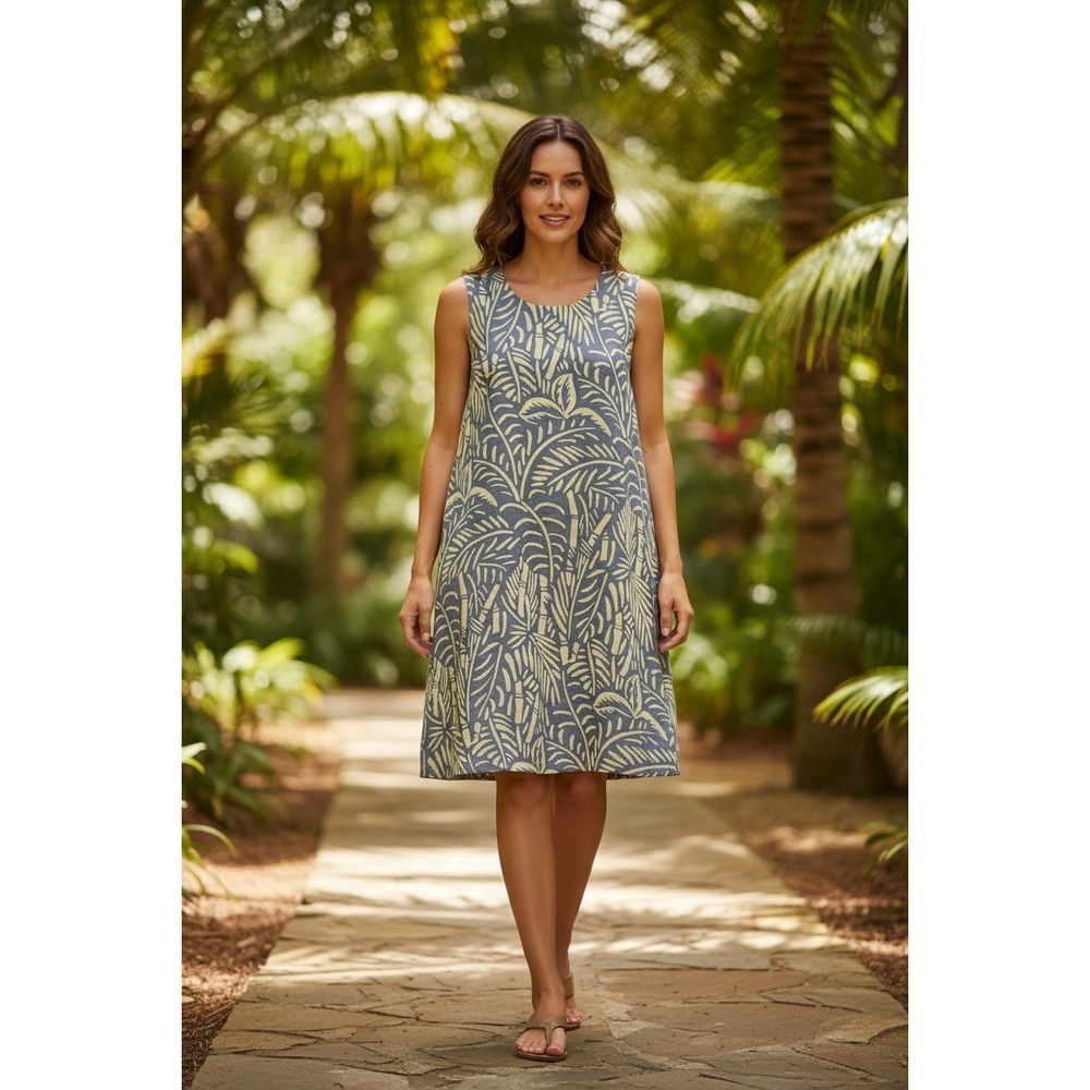 Island Company Blue Yellow Tropical Palm Linen Shift Resortwear Vacation XL